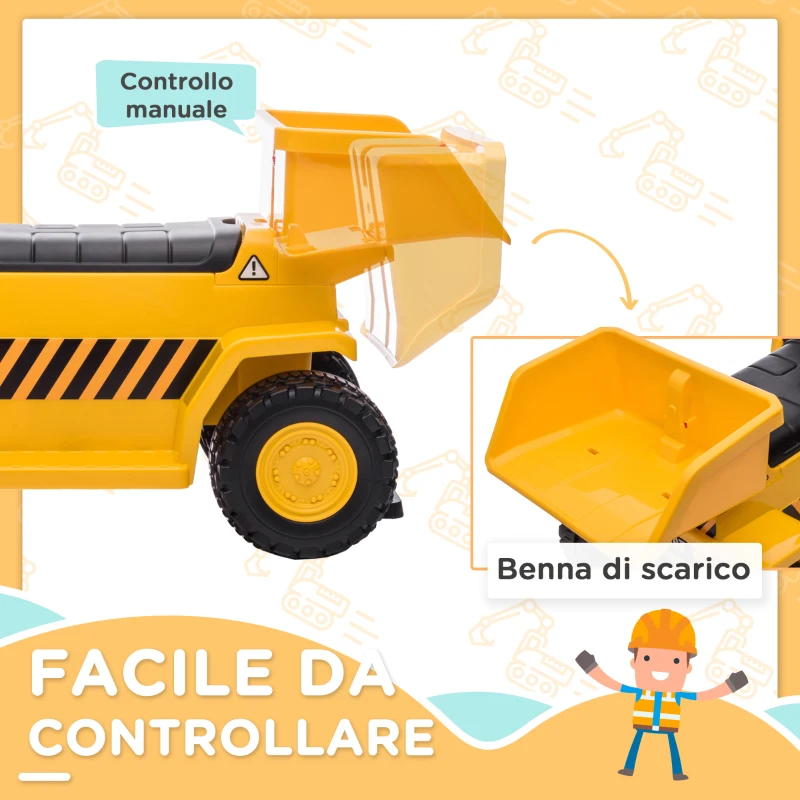 HOMCOM Camion Giocattolo Elettrico con Benna di Scarico, Fari e Suoni, per Bambini 18-36 Mesi, 74.5x36x43.5 cm