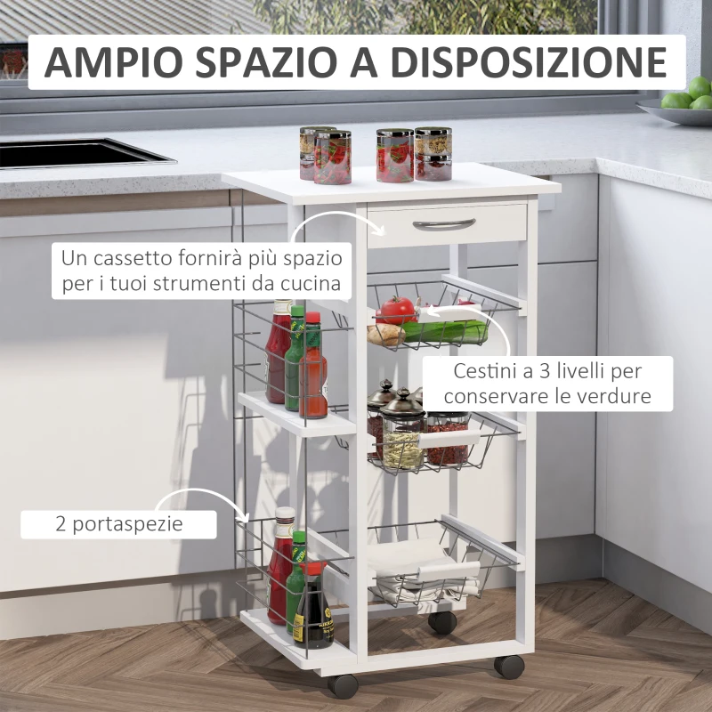 HOMCOM Carrello Isola da Cucina Salvaspazio in Legno di Pino, Carrello Portavivande con 4 Ruote Cassetto 3 Cesti Estraibili Portafrutta, Bianco