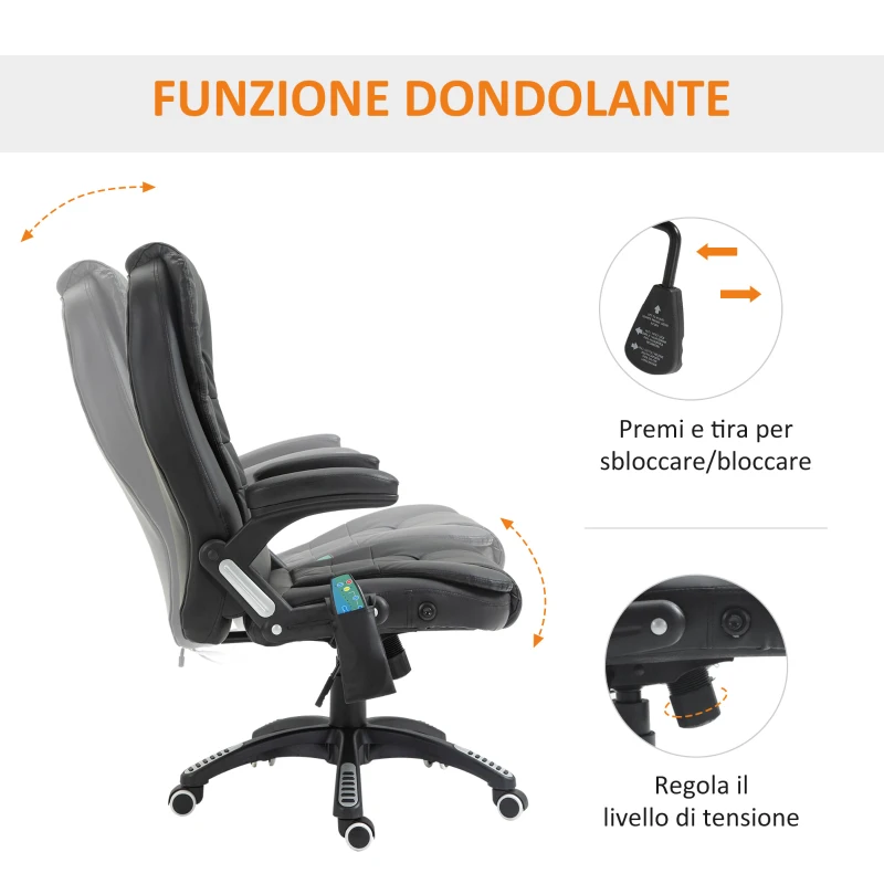 HOMCOM Poltrona Massaggiante da Ufficio ad Altezza Regolabile con 6 Punti Massaggianti, in PU, 68x72x108-118, Nera