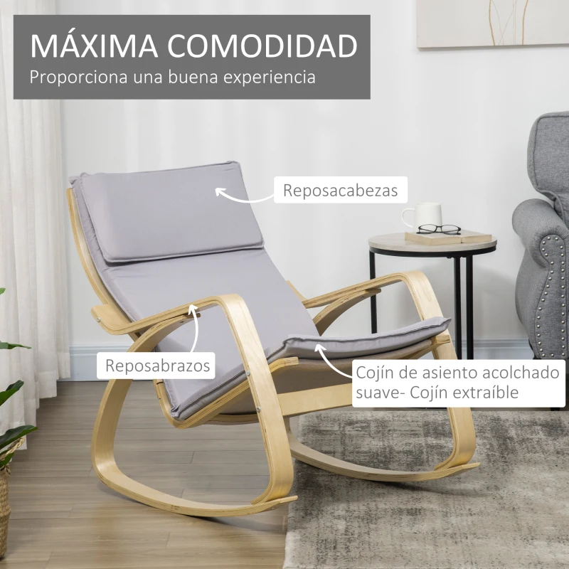 HOMCOM  Silla Mecedora Butaca Relax con Cojín Desenfundable Reposabrazos de Madera de Abedul para Salón 67x97x84 cm Gris