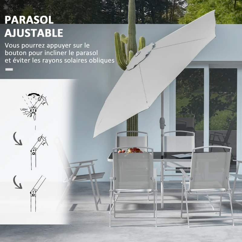 Outsunny Ensemble salon de jardin 8 pièces avec grand parasol, table et chaises pliantes métal époxy textilène polyester gris