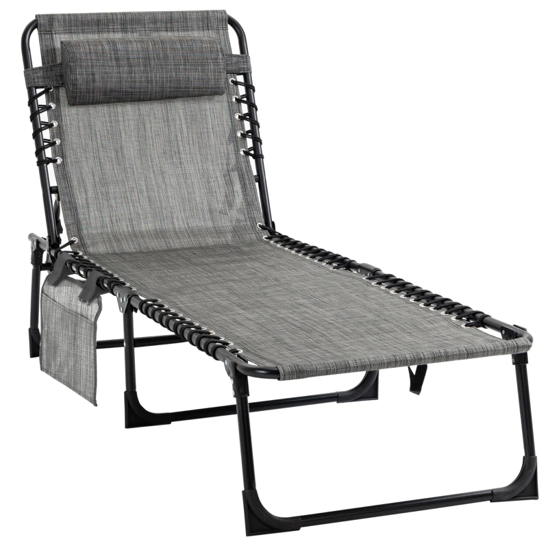 Outsunny Portable Sun Lounger, Folding Camping Bed Cot, Reclining Lounge Chair 5-position Adjustable Backrest with Side Pocket, Pillow for Patio Garden Beach Pool, Mixed Grey