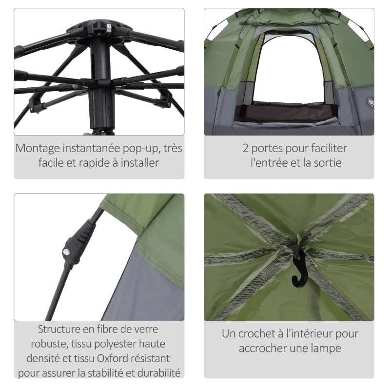 Outsunny Tente pop up tente de camping 3-4 pers. tente dôme étanche légère ventilée facile à monter 2 grandes portes dim. 2,6L x 2,6l x 1,5H m fibre verre polyester oxford vert gris