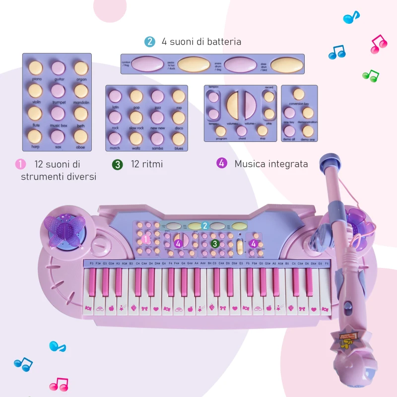 HOMCOM Pianola per Bambini a 37 tasti con Sgabello e Microfono, 12 Strumenti e 22 Musiche, Registrazione, MP3 e Karaoke, Rosa