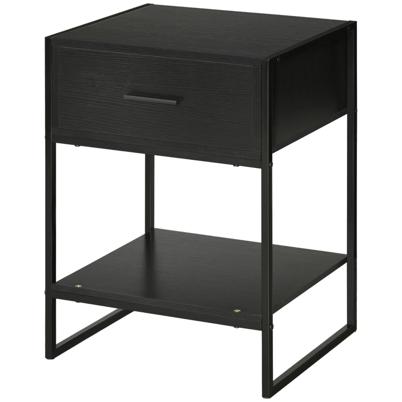 HOMCOM Mesilla de Noche Mesa Auxiliar con 1 Cajón y Estante de Almacenamiento para Dormitorio Salón Oficina 45x40x60 cm Negro
