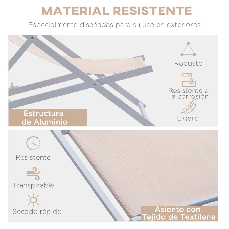 Outsunny Conjunto de 2 Tumbonas Plegables con Respaldo Regulable y Reposacabezas Acolchado 58x96,5x91,5 cm Beige