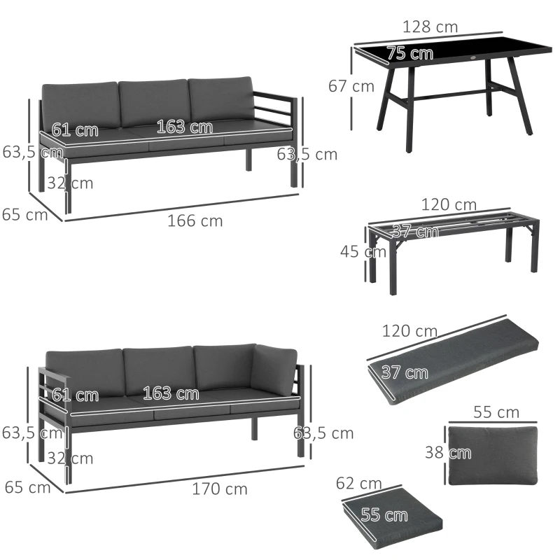 Outsunny Gartenmöbel-Set für 7 Personen mit Beistelltisch Balkonmöbel Set Sofa mit Kissen L-Form Outdoor Aluminium Grau