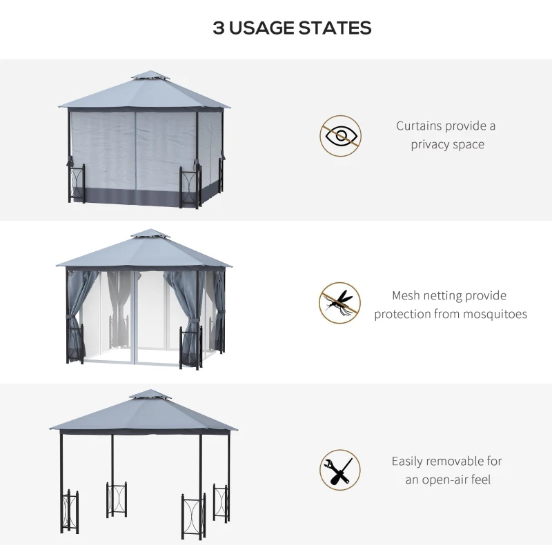 Outsunny 4 x 3.35(m) Patio Metal Gazebo Canopy Garden Tent Sun Shade, Outdoor Shelter with 2 Tier Roof, Netting and Curtains, Steel Frame, Grey