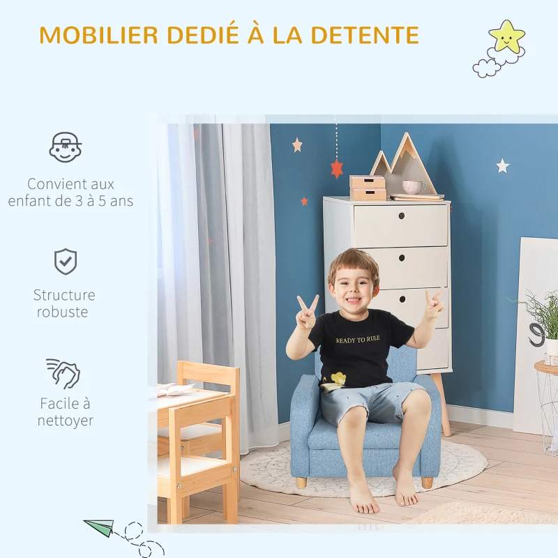 HOMCOM Fauteuil Enfant Design scandinave Grand Confort accoudoirs Assise Dossier garnissage Mousse Haute densité piètement Bois Caoutchouc Lin Bleu