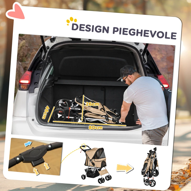 PawHut Passeggino per Cani Taglia Piccola e Mini Pieghevole con Cestino e Portabicchiere, 75x46x94 cm, Caffè