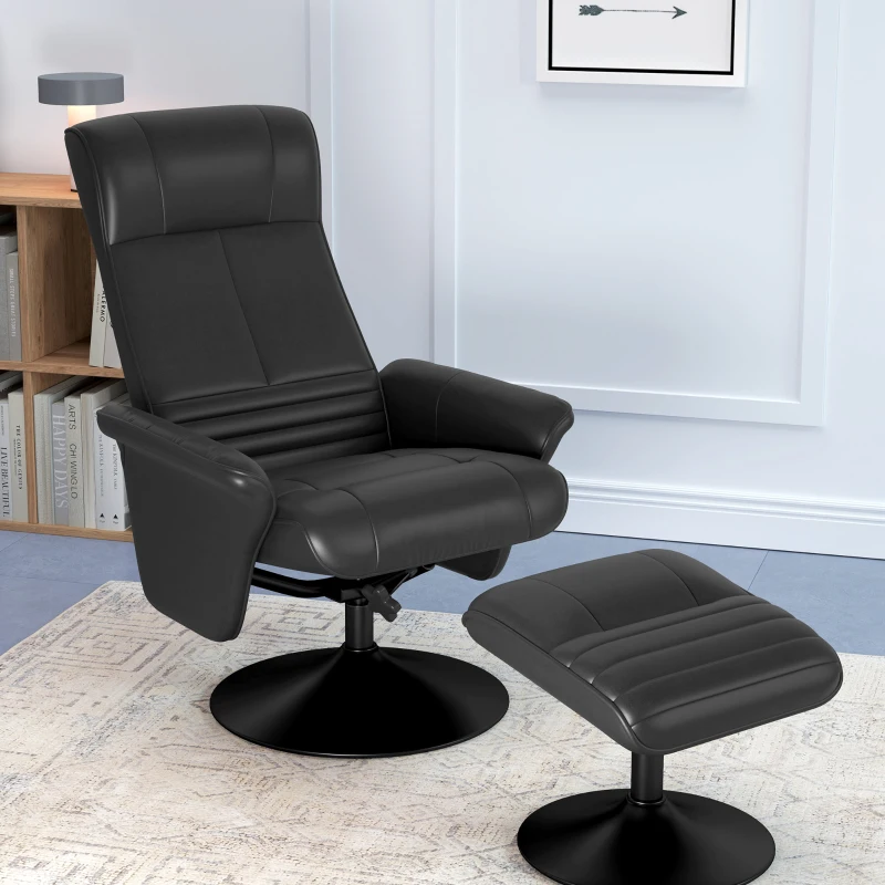 HOMCOM Polstersessel, Akzentsessel mit Hocker, drehbar, ergonomisch, Mikrofasertuchoptik, bis 150 kg, Schwarz(m-8)