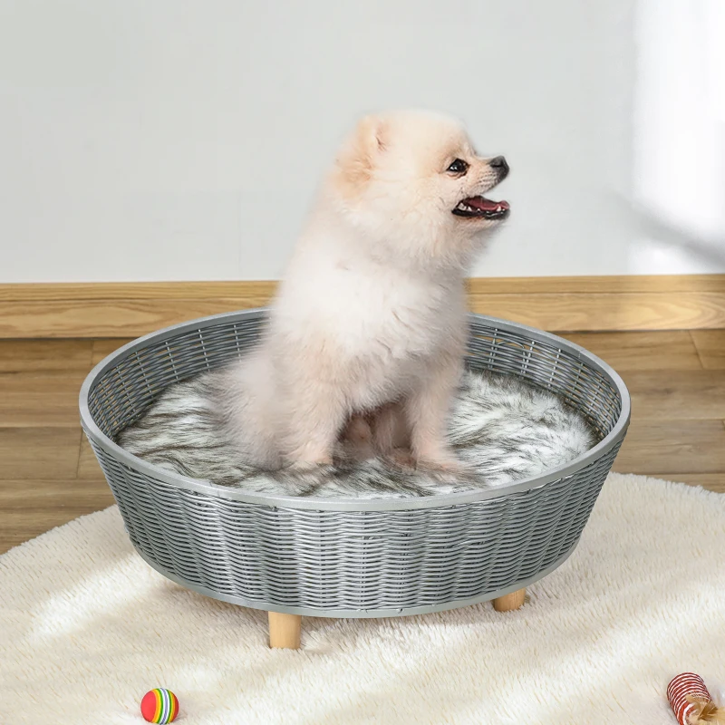 PawHut Panier pour chats surelevé canapé pour animaux en résine tressée imitation rotin lit sur pieds style cosy chic grand confort coussin moelleux lavable intégré 60 x 60 x 23,5 cm gris