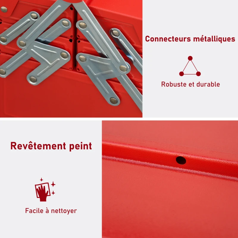 DURHAND Boite à outils métallique - coffret à outils - caisse à outils 3 niveaux 5 plateaux rétractables - tôle acier rouge