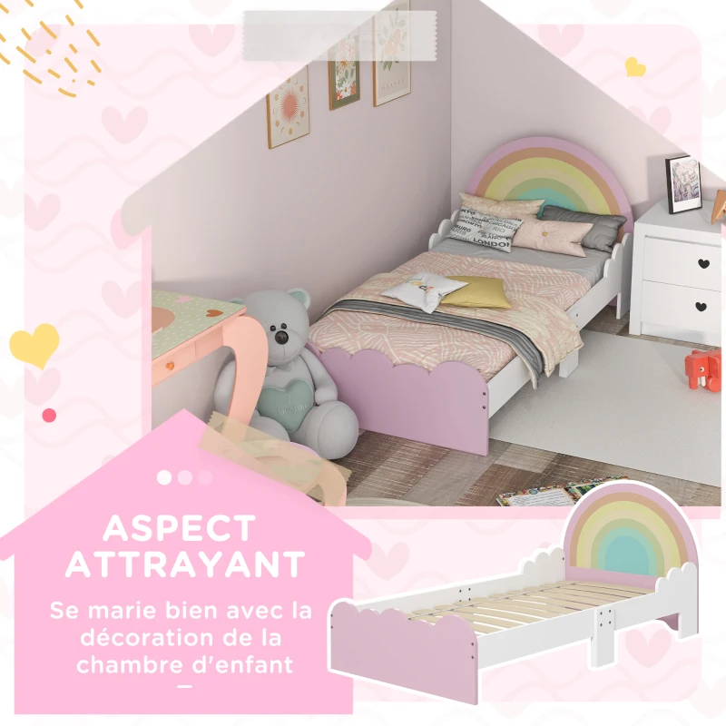 ZONEKIZ Lit pour enfants de 3 à 6 ans 143 x 74 x 66 cm design arc-en-ciel sommier à lattes inclus chambre moderne rose