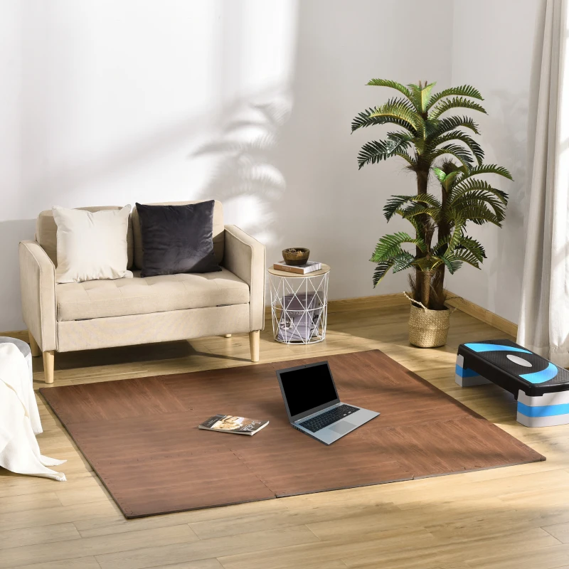 HOMCOM Tappeto Puzzle Morbido in EVA Antiscivolo con Effetto Legno, 9 Pezzi e 18 Bordi, per Fitness e Cameretta, Area coperta 3.24m²