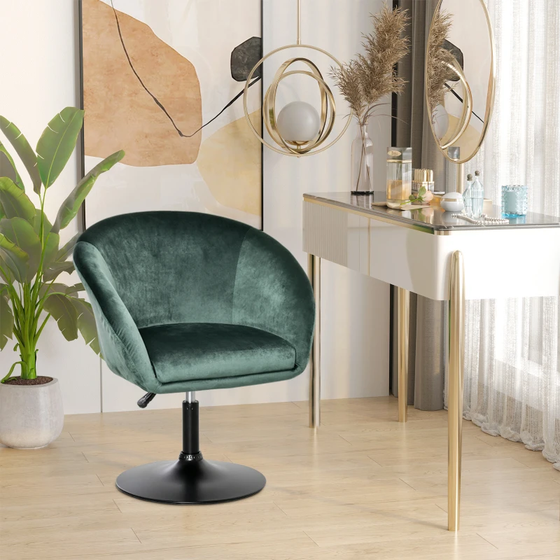 HOMCOM Dressing Table Chair, 360° Swivel Velvet-feel Upholstered Vanity Chair with Tub Seat, Back, Adjustable Height for Bedroom Makeup, Green