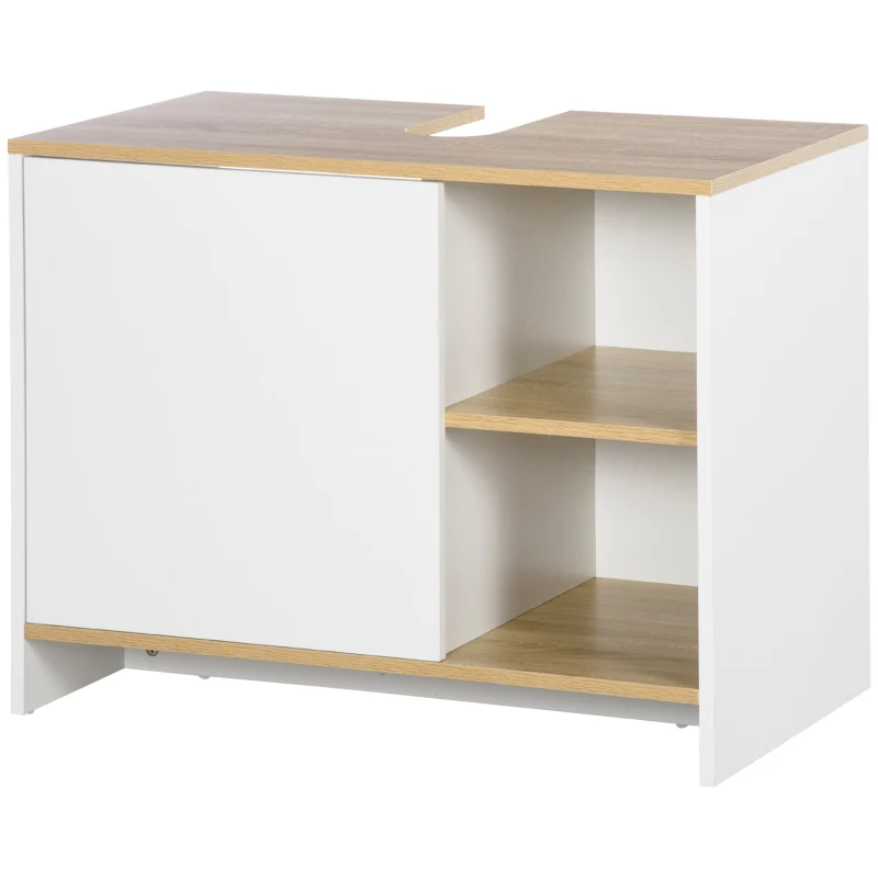 kleankin Mobile Bagno Sottolavabo con Armadietto e 2 Mensole in Legno, 77x45x60 cm, Bianco e Legno