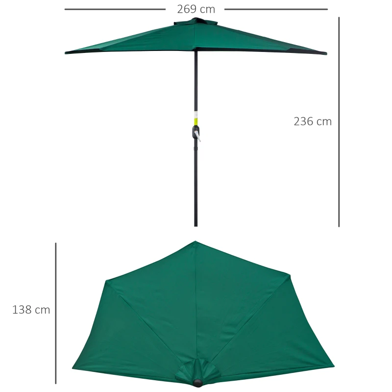 Outsunny Ombrellone Semicircolare da Parete 2.7x2.4 m con Apertura a Manovella in Poliestere, Verde