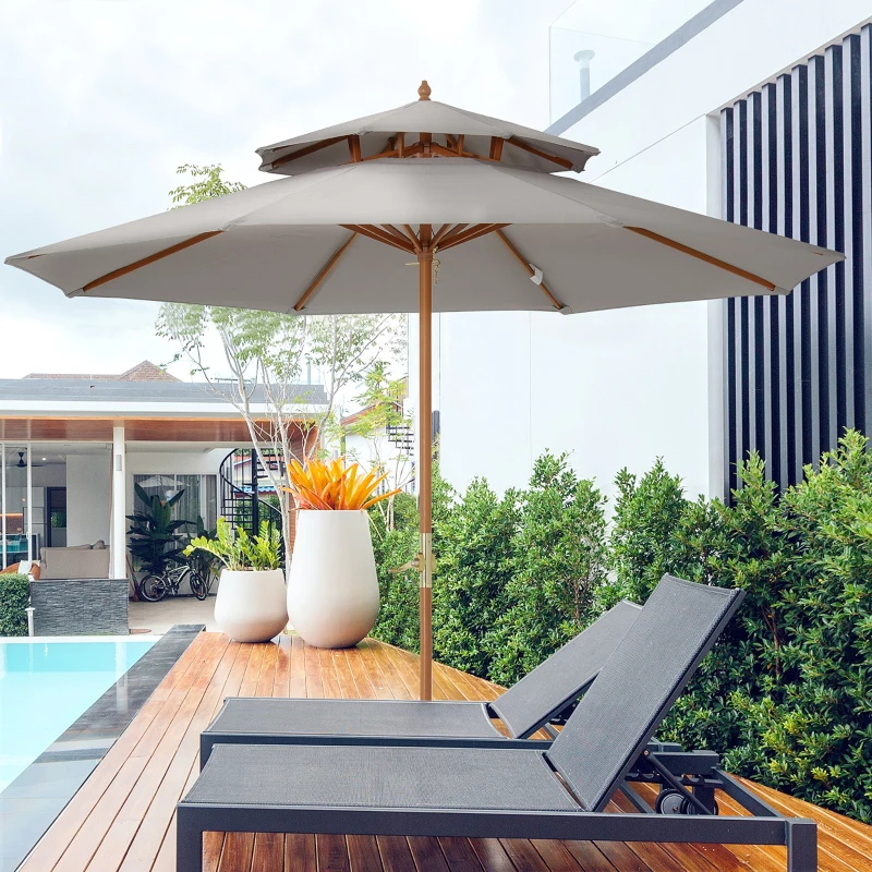 Outsunny 2.7m Elegant Wooden Frame Parasol Umbrella - Grey