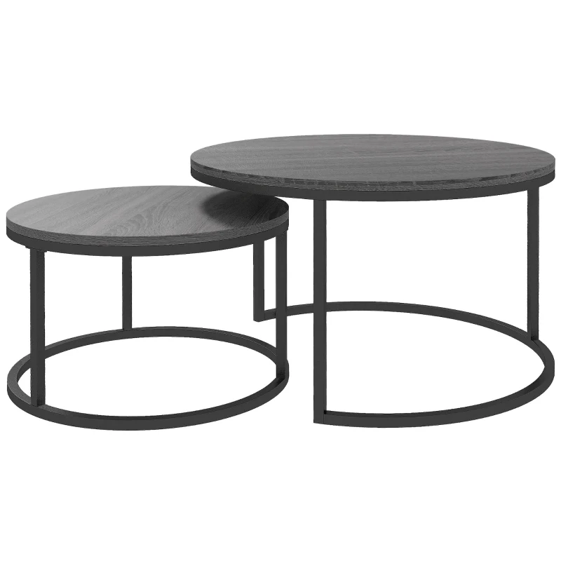 HOMCOM Salontafel 2-delig Set, Bijzettafel met Metalen Frame, Sofa Tafel, Stapelbaar, Koffietafel, Woonkamer, Slaapkamer, Zwart