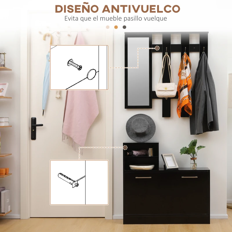 HOMCOM Recibidor con Espejo Perchero y Zapatero Muebles de Entrada con 6 Ganchos y Estantes para 8 Pares de Zapatos Negro