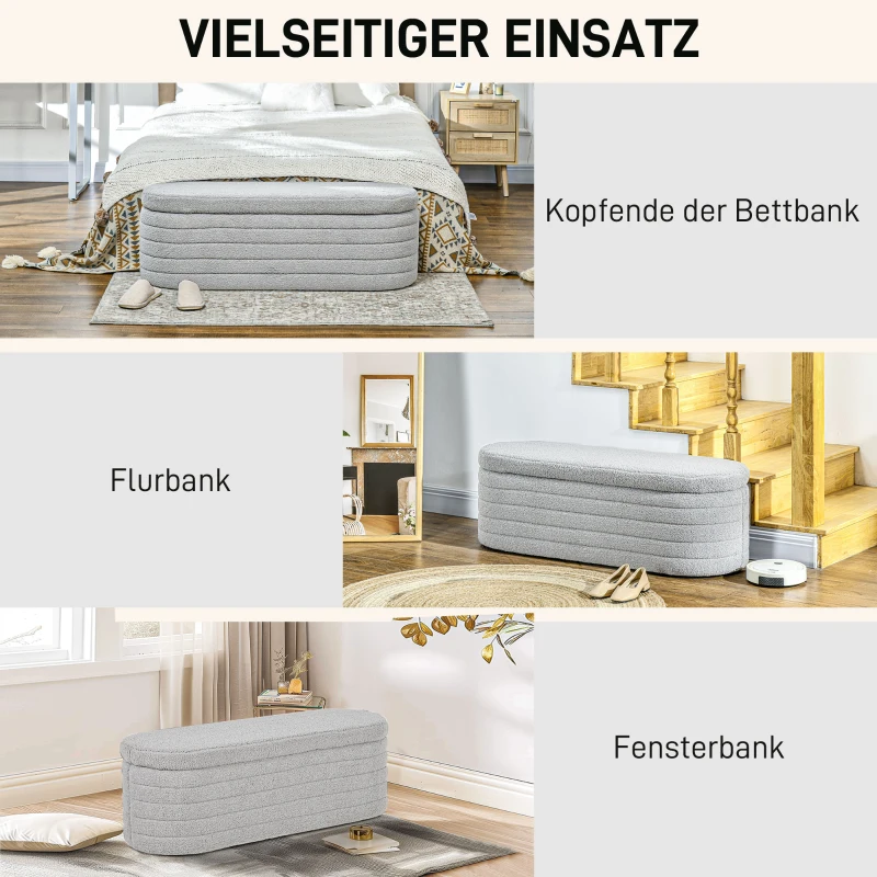 HOMCOM Bettbank, Stauraum, Teddy-Fleece, 116x41x40,5cm, Hellgrau