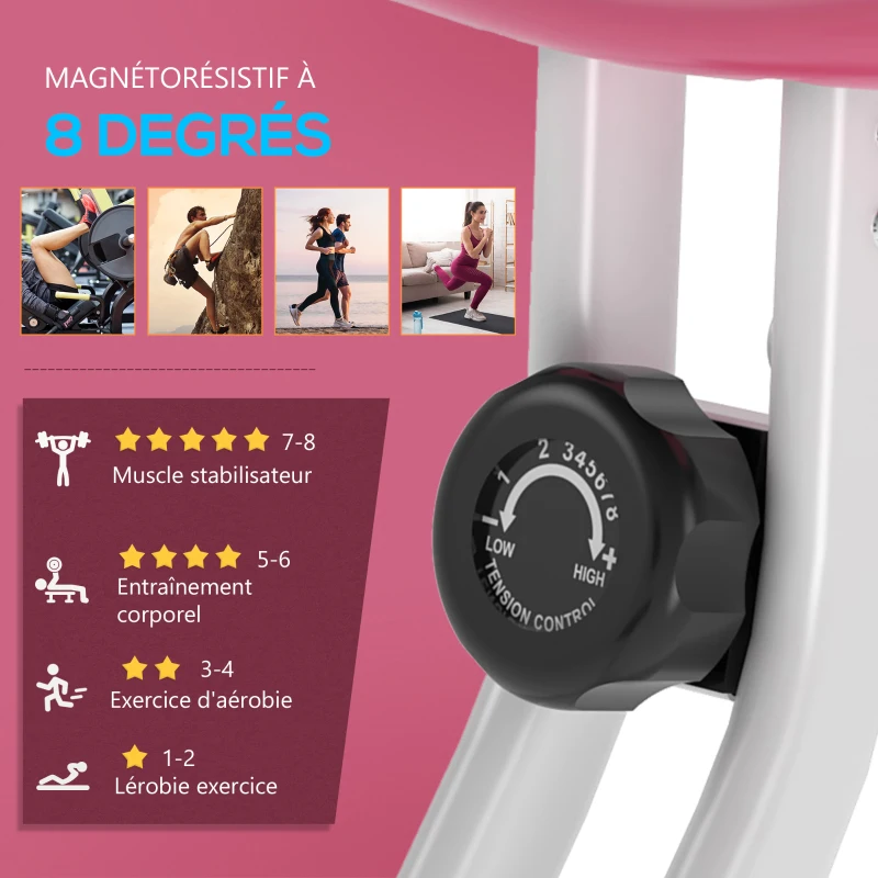 HOMCOM Vélo d'appartement pliable vélo de fitness vélo d'intérieur 8 niveaux de résistance magnétique avec dossier selle réglable écran LCD multifonction capteur fréquence cardiaque rose