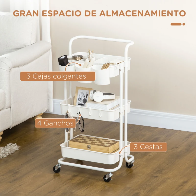 HOMCOM Carrito Auxiliar con Ruedas Carro de Almacenaje Multifuncional con Ganchos y Cajas Colgantes 42x38x86,5 cm Blanco