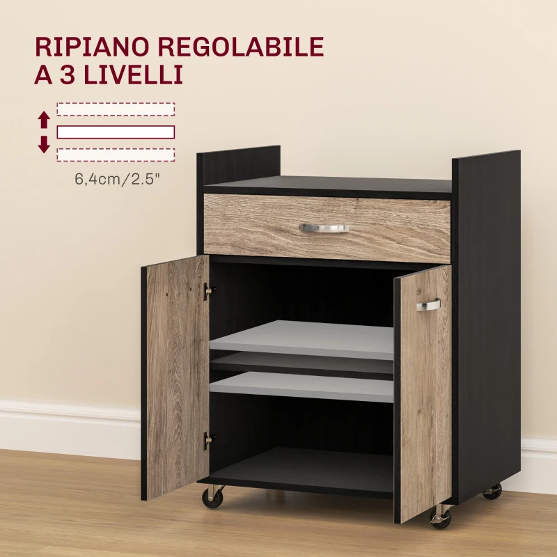 HOMCOM Carrello da Cucina con Cassetto, Armadietto e 4 Ruote in Legno, 60x40x77cm, Nero