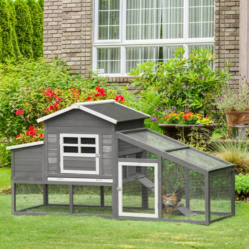 PawHut Gallinero de Madera Exterior Jaula para 2-4 Gallinas con Corral de Alambre Techos Asfálticos Nido Bandeja Extraíble y Rampa 200x80x105 cm Gris