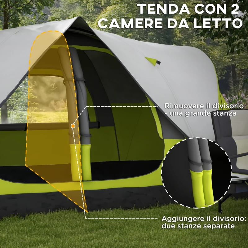 Outsunny Tenda da Campeggio 6 posti con 2 Spazi Separati, in Poliestere e Fibra di Vetro, 450x215Px180 cm, Verde