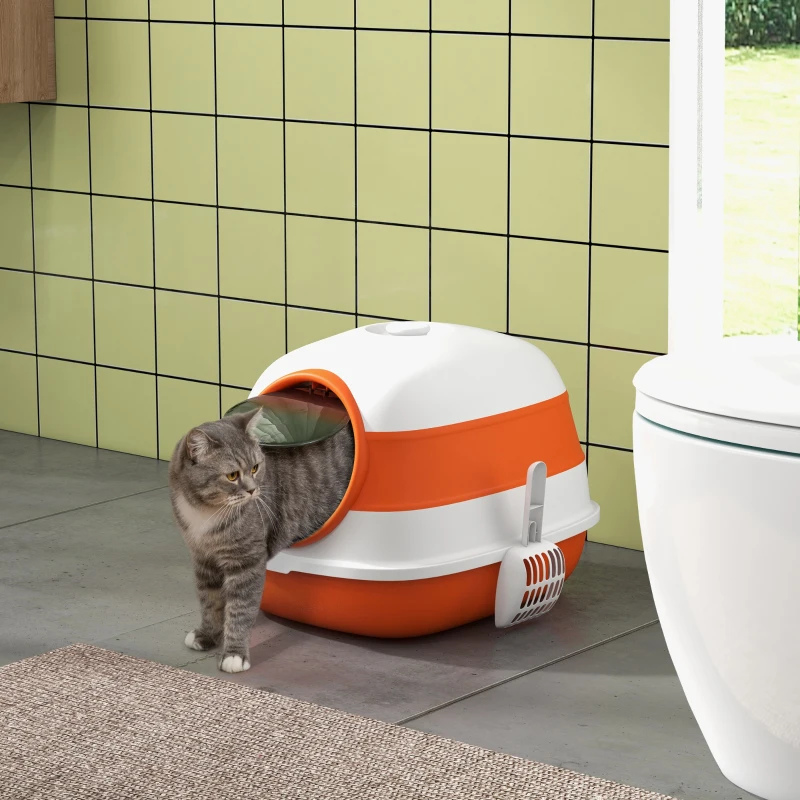 PawHut Foldable Cat Litter Tray with Lid, Deodorant, Scoop, Orange