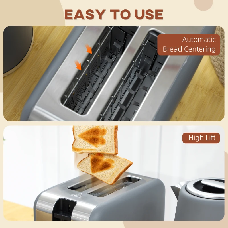 HOMCOM Stainless Steel Kettle and Toaster Set, 1.7L 3000W Fast Boil Kettle & 2 Slice Toaster Kitchen Set with 7 Level Browning Controls, Defrost, Reheat, Auto Off, Boil-dry Protection, Grey