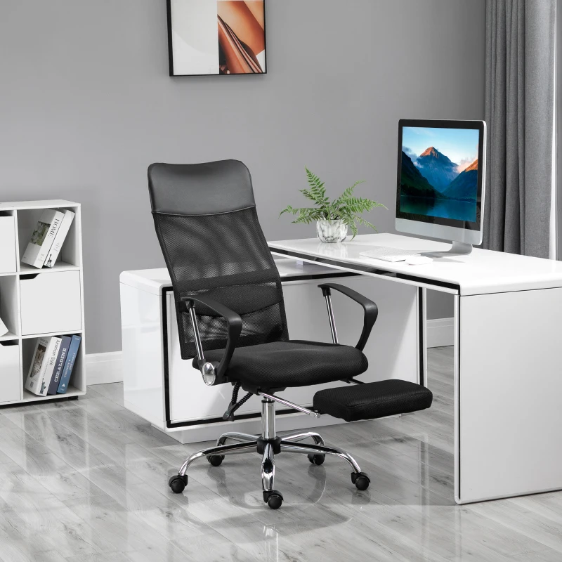 Vinsetto Poltrona da Ufficio Ergonomica, Altezza Regolabile, Reclinabile, Poggiapiedi Estraibile, Supporto Lombare, Nero