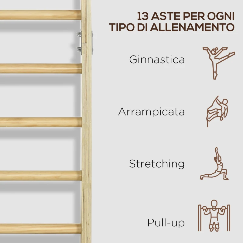 HOMCOM Spalliera Svedese da Palestra in Legno di Faggio con 13 Barre, 78x27x240cm