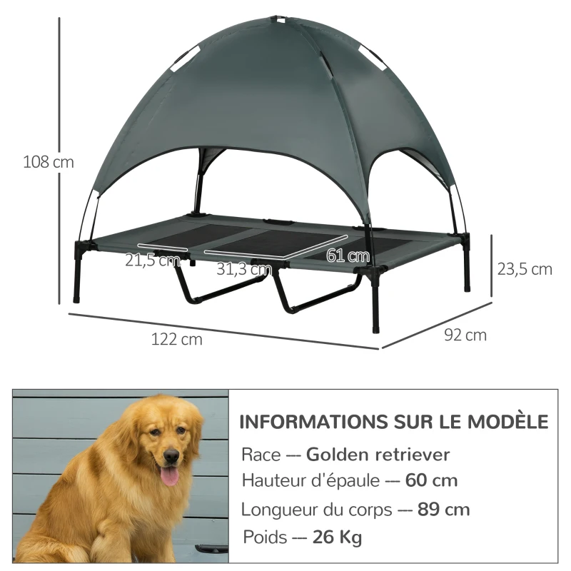 PawHut Lit chien sureleve avec parasol, lit de camp chien chat sur pieds tissu Oxford respirant, anti-UV cadre en métal sac de transport inclus couchage extérieur pour chat 122 x 92 x 108 cm gris noir