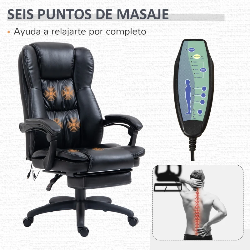 Vinsetto Silla de Masaje Reclinable con Altura Ajustable Reposapiés Retráctil y Control Remoto 68,5x68,5x113-121 cm Negro