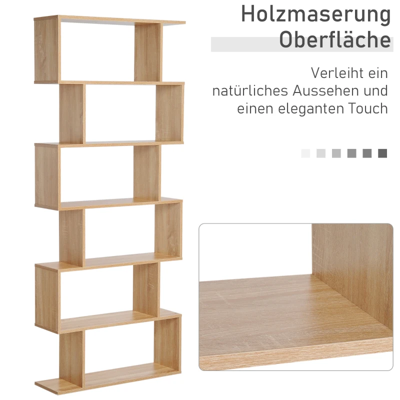 HOMCOM Bücherregal Wandregal Raumteiler Eckregal Standregal Aktenregal 6 Fächer Eiche L80 x B23 x H192 cm
