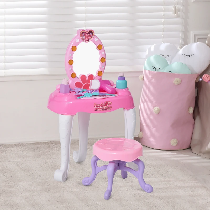 HOMCOM Kids Vanity Table Chair Set Beauty Makeup Dressing Table Pretend Play Set with Mirror Lights Sounds for Girls 3+ Years