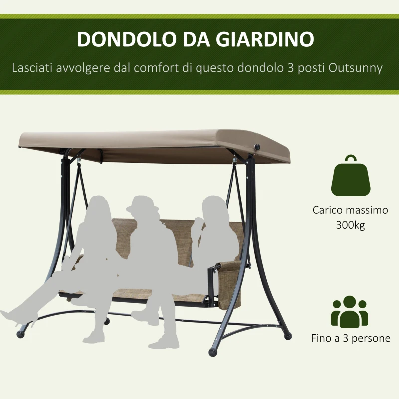 Outsunny Dondolo da Giardino a 3 Posti con Tettuccio Regolabile e Tasche Portaoggetti Marrone 196x128x172cm