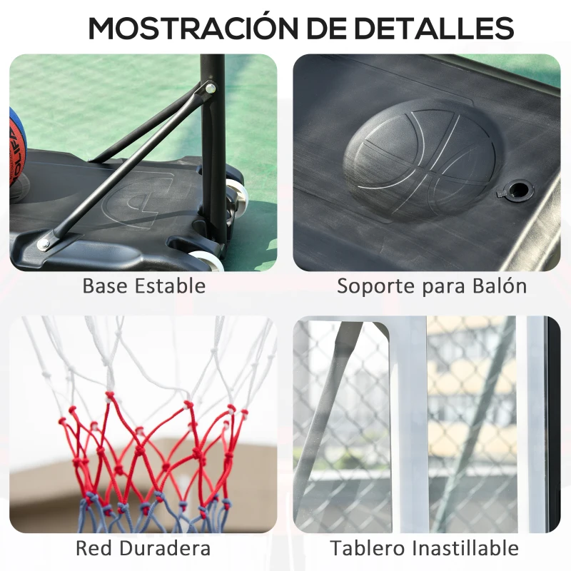 HOMCOM Canasta de Baloncesto con Altura Ajustable 206-260 cm Aro de Baloncesto con Ruedas y Base Rellenable Negro
