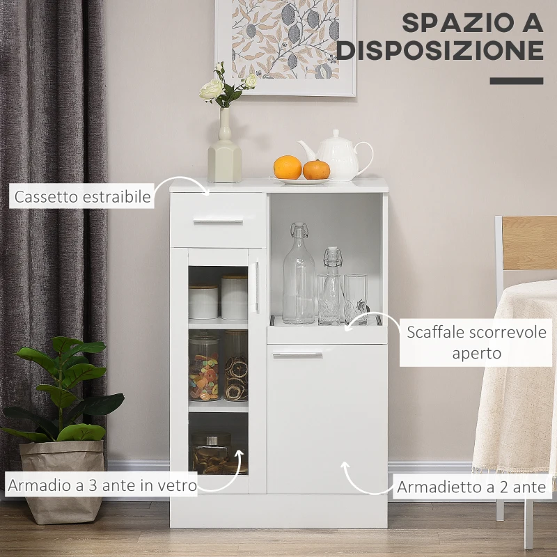 HOMCOM Credenza Moderna con Armadietti e Cassetto in Legno e Vetro, 60x40x95cm, Bianco