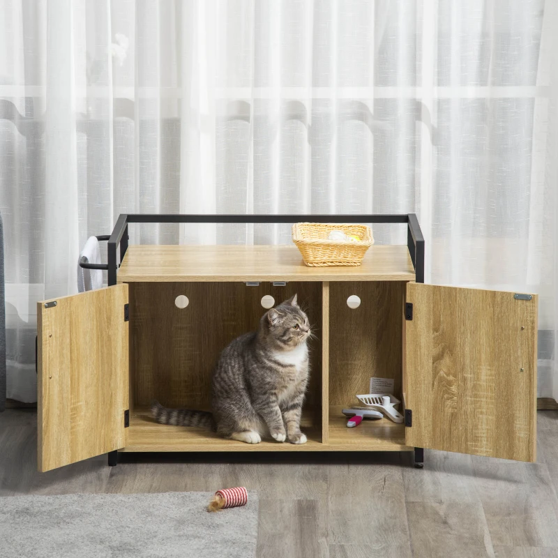 PawHut Casa para Gatos de Madera Mueble Arenero para Gatos 2 en 1 con Armario de Almacenaje Encimera Amplio 2 Puertas Orificio de Entrada Lateral y Barra de Colgar 82,3x51x54 cm Natural