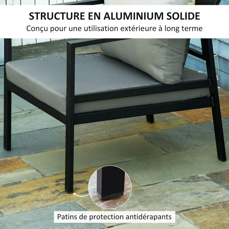 Outsunny Ensemble salon de jardin 4 pièces canapé 2 places + 2 fauteuils + table basse plateau à lattes 8 coussins rembourrage épais déhoussables aluminium gris noir
