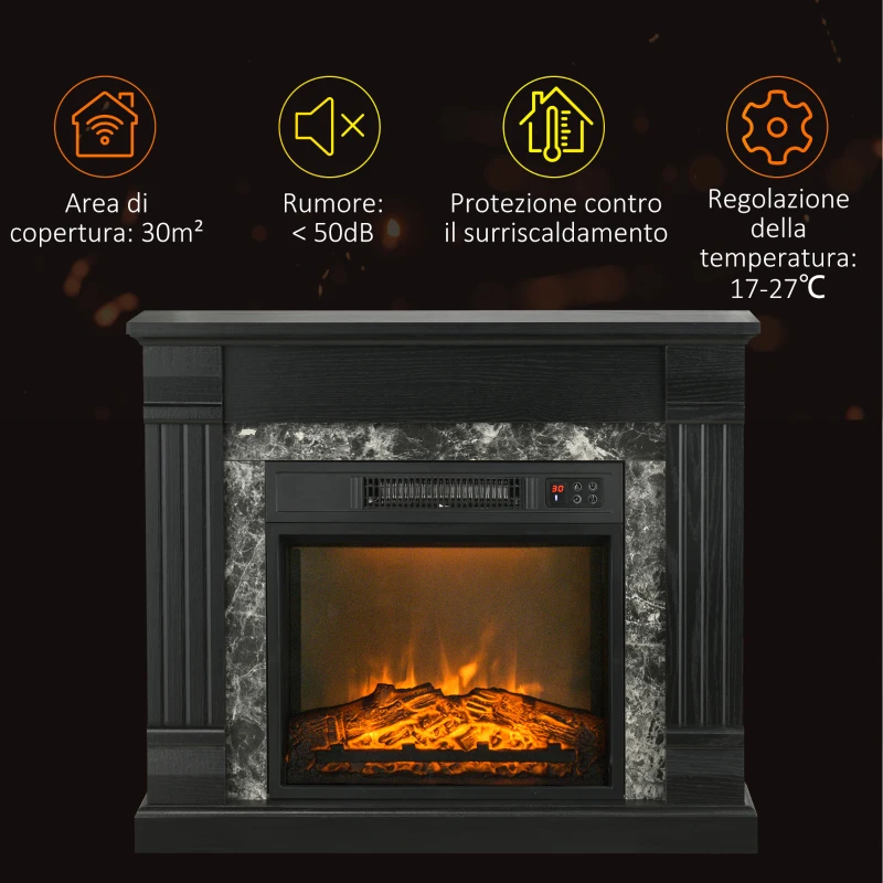 HOMCOM Camino Elettrico da Incasso a Terra con Timer, Fiamma e Temperatura Regolabile, 80x21.6x67.8 cm, Nero