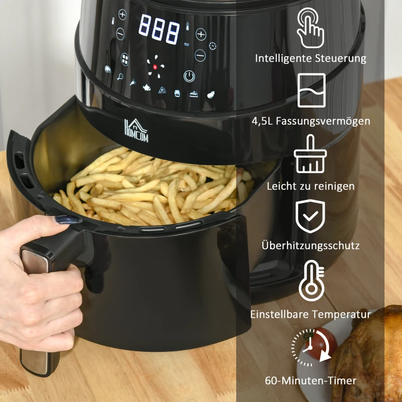HOMCOM Heißluftfritteuse ohne Öl 4,5 L 1500W Airfryer mit 8 voreingestellte Modi LED-Display Antihaftbeschichteter Fritterkorb für gesundes ölfreies fettarmes Kochen Schwarz 28 x 35,1 x 33 cm