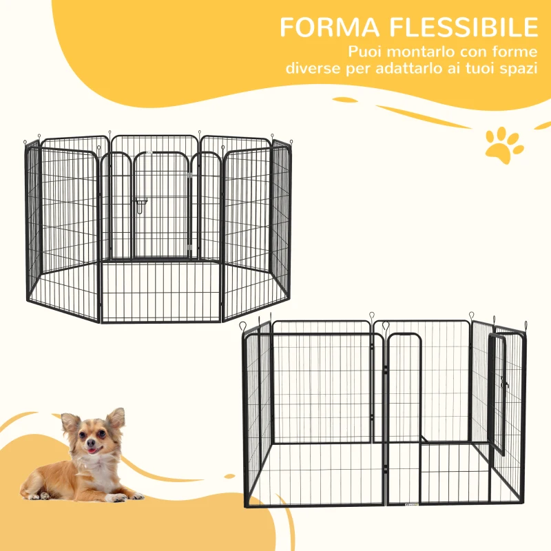 PawHut Recinto per Cani di Piccola Taglia a 8 Pannelli Modulabili da 80x1.5x100 cm, Box per Cani e Cuccioli Pieghevole con Porta in Acciaio con 8 Picchetti, Grigio