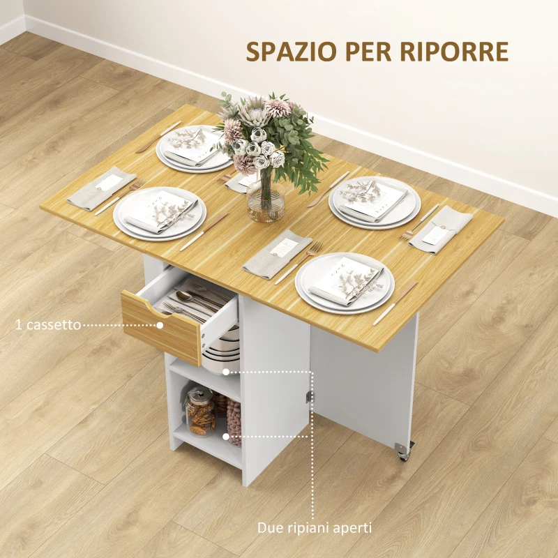 HOMCOM Tavolo da Pranzo Pieghevole per 2-4 Persone con 2 Ribalte, Cassetto e Ripiani, Quercia