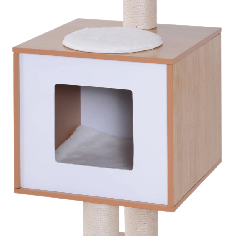 PawHut Arbre à chats design contemporain griffoirs grattoirs sisal naturel centre d'activités niche plate-formes jeu boules suspendues 71,5L x 49,5l x 120H cm MDF hêtre clair