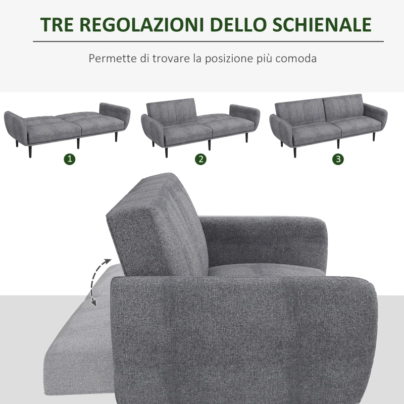 HOMCOM Divano Letto 3 Posti con Schienale Reclinabile a 3 Livelli in Tessuto, 208x84x82cm, Grigio